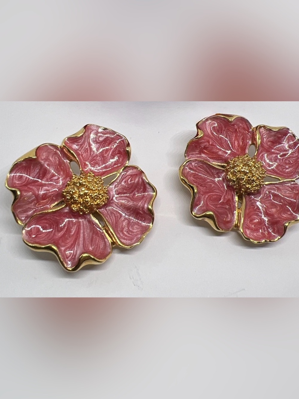 Vintage Avon Pink Enamel Dogwood
Flower Earrings Clip On Large Statement